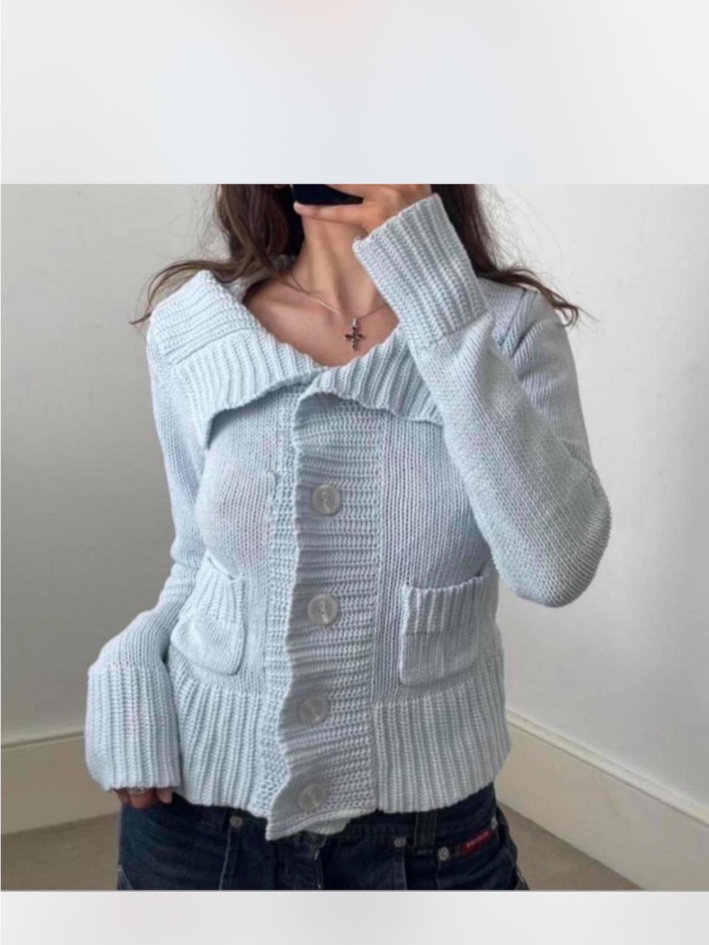 Light Blue Button-Front Knit Sweater Cardigan